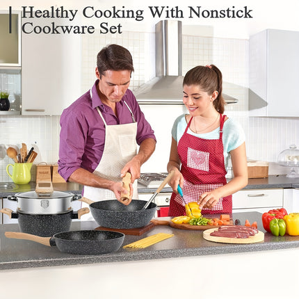 12 POTS and pans Set, Non-stick Cookware Set, Induction Cookware Non-stick Granite Cooking Set