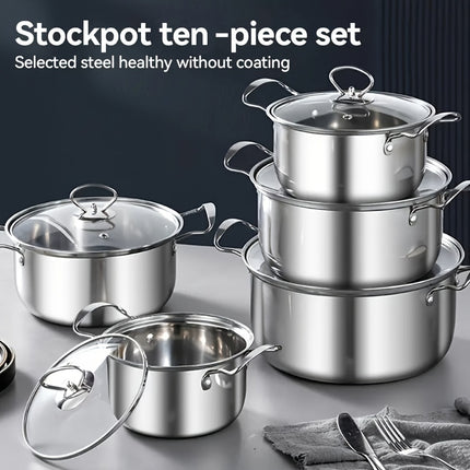 10pcs Stainless Steel Cookware Set - 5 Pots & 5 Lids, Double Handles for Easy Grip,
