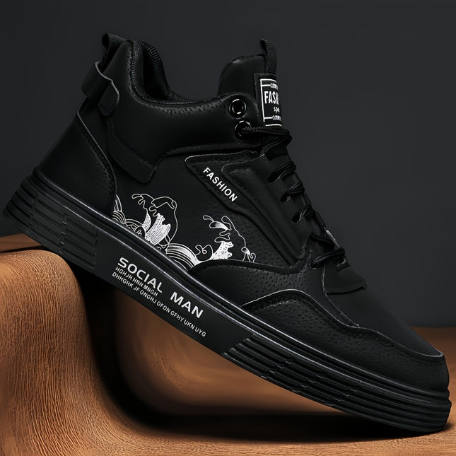 Men's High-Top Casual Sneakers - Solid Color Lace-Up Boots with PU Upper,