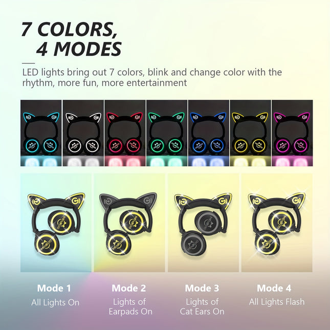 Cat Wireless 5.0 Wireless Headphones with Cat Ear & 7-Color LED Light, Cancelling,
