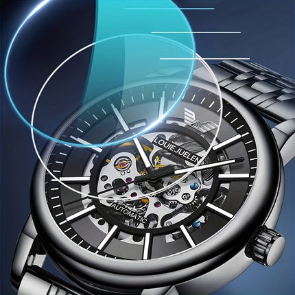 Men'S Luxury Mechanical Watch with Automatic Movement - Elegant Black Dial & Stainless Steel Strap