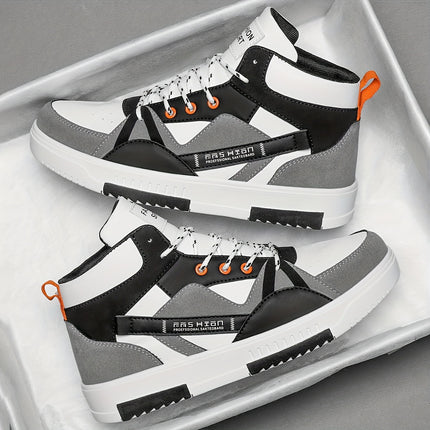 Men's High-Top Running Sneakers - Stylish Black & White Print Design with Orange Accents