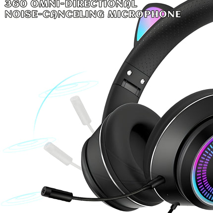 AUX 3.5Mm Cat Ear Gaming Headphones with LED Light, Noise-Cancelling Stereo On-Ear Headphones,