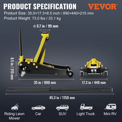 VEVOR Low Profile Floor Jack 3 Ton Heavy Duty Steel Dual Piston Rapid Pump