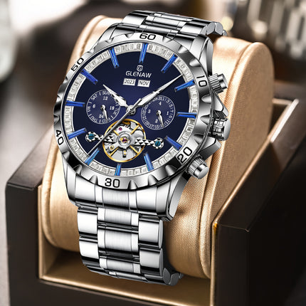 Men's Automatic Mechanical Watch - Luxury Blue Dial with Golden accents, Date Display