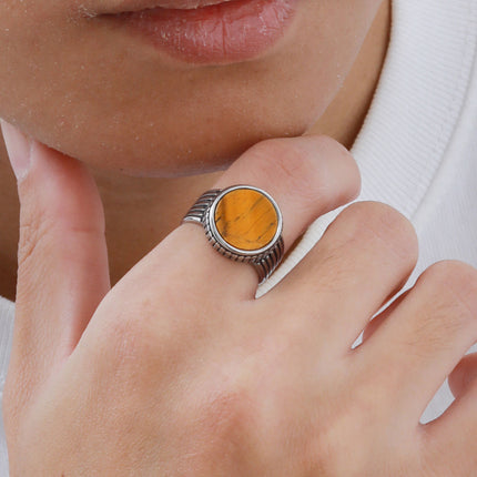 Stainless Steel Mens Tiger Eye Stone Cast Ring Vintage Style