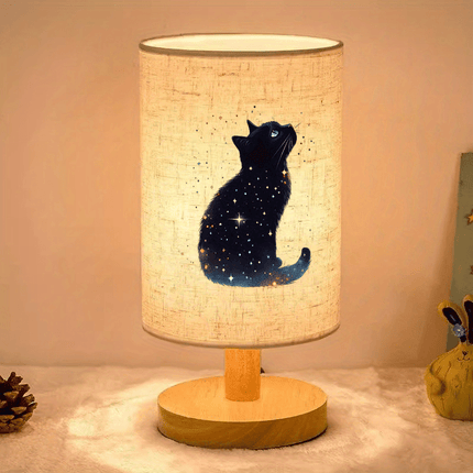Starry Cat Print LED Bedside Lamp with Fabric Shade – Nordic Wooden Base,