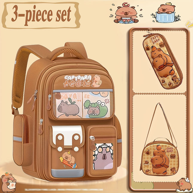 Kabbalah Three-Piece Set Backpack - Includes Lunch Box, Pencil Case, Fashionable Capybara