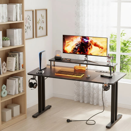 RGB Gaming Desk with Power Outlets & Monitor Stand, Large Wide Computer Workstation