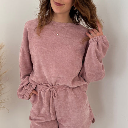 Fushia Solid Color Textured Knit Drop Shoulder Pullover Drawstring Shorts Set