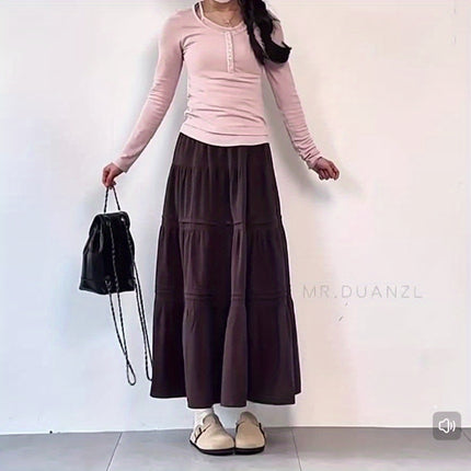 Thick Corduroy Women's Skirt, Autumn and Winter Pleated Cake New Long Dress, Patchwork A-Line Dress