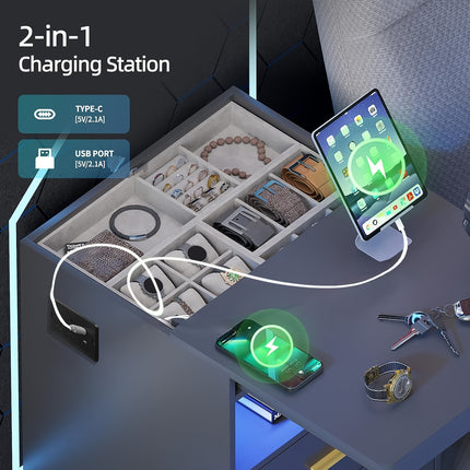 LED Bedside Table With Gun Drawer, With Charging Station, Modern Side Table With Fabric Drawer,