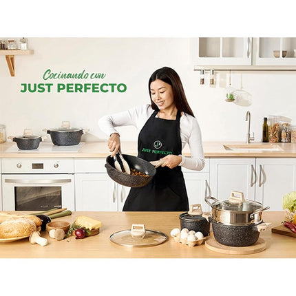 Just Perfecto Induction Cookware Set – 15-Piece Nonstick Pans, Glass Lid Saucepans, Wok, Utensils, and Trivets