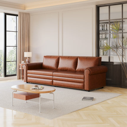Sofa Bed - 3-in-1 Convertible Sleeper with Faux Leather Upholstery, Nailhead Trim & Rolled Arms