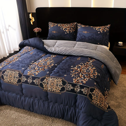 1pc Luxury Fleece Bedspread - Deep Navy Blue & Golden Floral Print, All-Season Soft Warmth