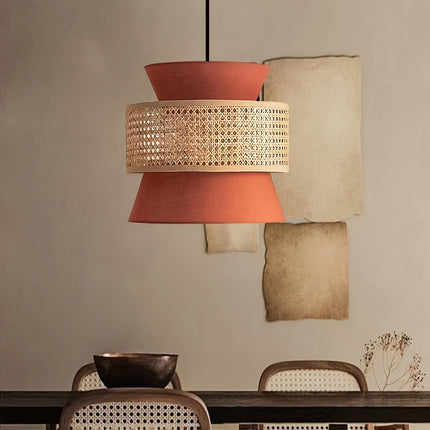 Vintage Rattan Woven Chandelier with Rattan And Fabric Lampshade,