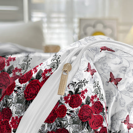 3pcs Red Small Butterfly Rose Romantic Flower Cluster Down Duvet Cover Three-Piece Set, Bedding Sets