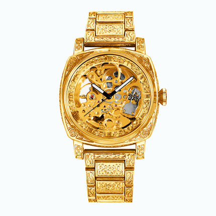 1pc Men's yellow steel strip business style versatile finely carved Roman fully automatic mechanical watch