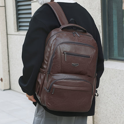 Men's Vintage PU Large Capacity Multi-Pocket Backpack, Casual Commuter Travel Backpack