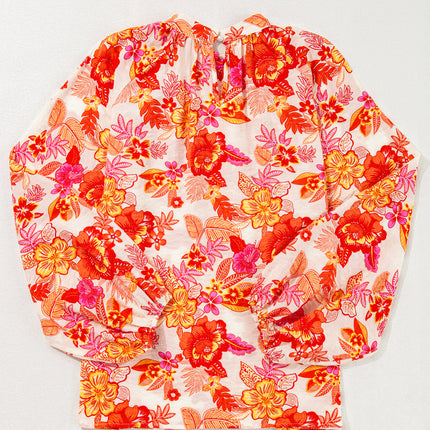 Orange Floral Print Pearl Button Keyhole Long Puff Sleeve Blouse
