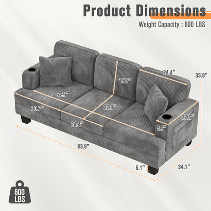 Sofa Couch 84" 3-Seater with 2 Pillows, Cup Holders & Side Pockets - Space-Saving Grey Foam