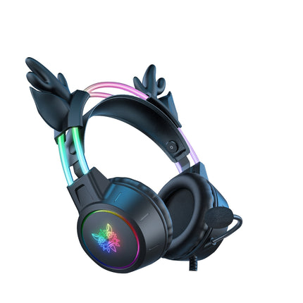 X15pro black RGB wired gaming headphones with a pair of cute deer ears, noise reduction,