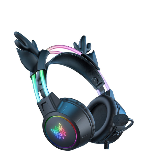 X15pro black RGB wired gaming headphones with a pair of cute deer ears, noise reduction,