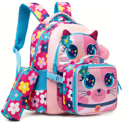 Girls Backpack for Elementary School with handbag and Pencil Case Cute Butterfly/Cat/Mermaid Backpack