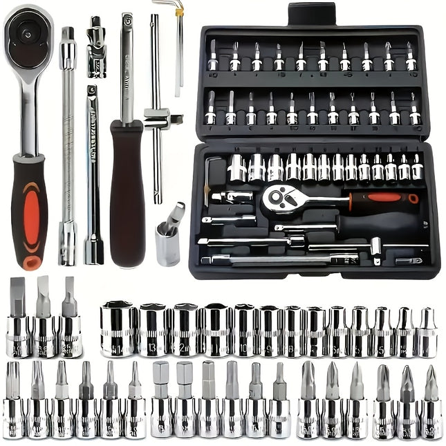 46/216pcs Automotive Repair Tool Set, Ratchet Wrench, 1/2", 1/4", 3/8" SAE Metric Socket Wrench Set