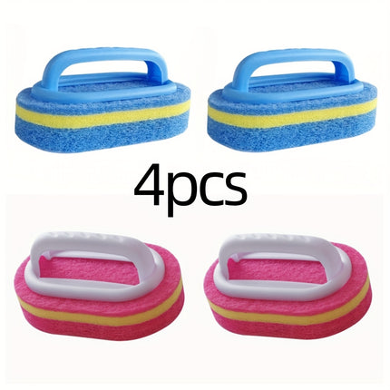 4pcs Set of Cleaning Brush Sponges with Handles, Blue + Pink, Thickened for Kitchen,