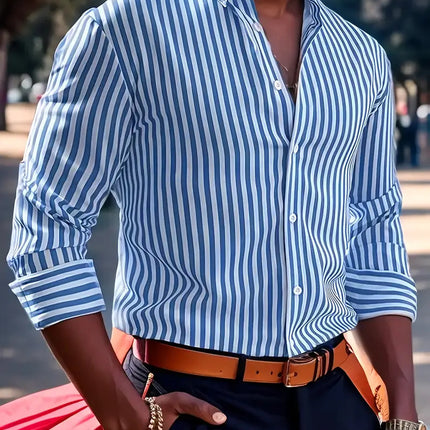 Ins Stripe Printed Long Sleeve Shirt Men Fashion Casual Lapel Button Top Clothing