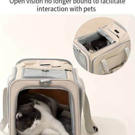 Expandable Large-Capacity Cat Carrier - Portable Linen Pet Travel Bag with Zipper Closure for Two Cats, Ideal for Outdoor Use