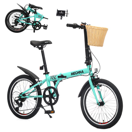 20 Inch Folding Bike for Adults with Basket, Phone Holder & Fenders, Steel Frame 6-Speed City Commuter, Dual V-Brake Portable Compact Bicycle for Men & Women