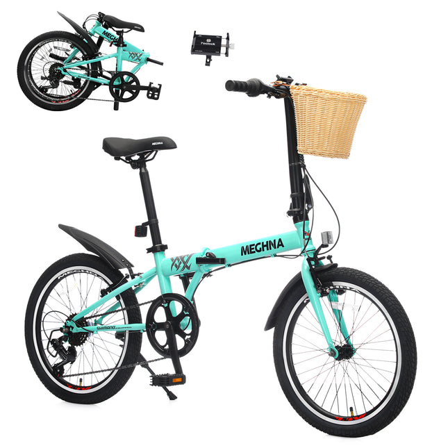 20 Inch Folding Bike for Adults with Basket, Phone Holder & Fenders, Steel Frame 6-Speed City Commuter, Dual V-Brake Portable Compact Bicycle for Men & Women
