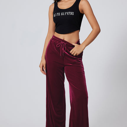Burgundy Solid Drawstring Waist Wide Leg Pants