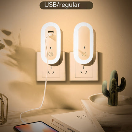 Oval Small Night Lamp With Dual USB Charging Port Remote Control Timing Plug-in Wall