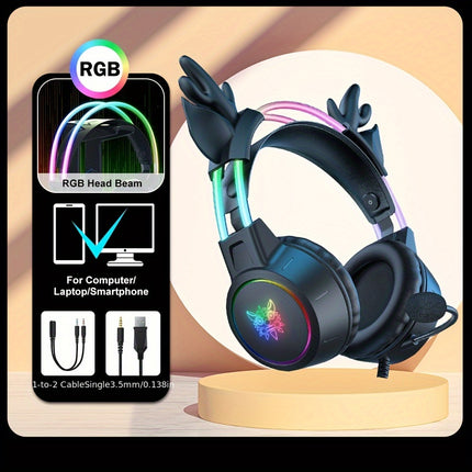 X15pro black RGB wired gaming headphones with a pair of cute deer ears, noise reduction,