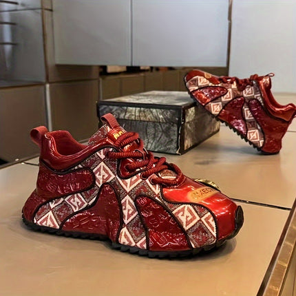 Men's Stylish Embroidered Patchwork Sneakers - Black & White Geometric Design