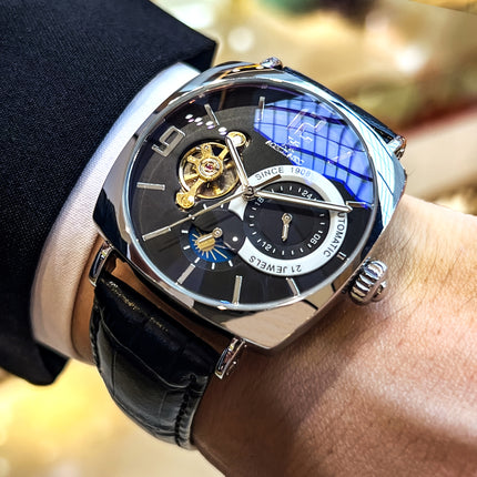 Elegant Men's Mechanical Watch - Retro Square Dial, Skeleton Design, Alloy Case