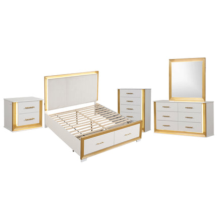 OBSESSION Contemporary Queen 5-Piece Bedroom Set in White and Gold Finish with LED Bed, Dresser, Mirror, Nightstand and Chest