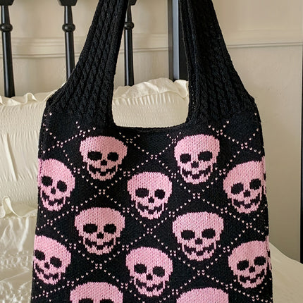 Black Plaid Skull Knit Tote Bag