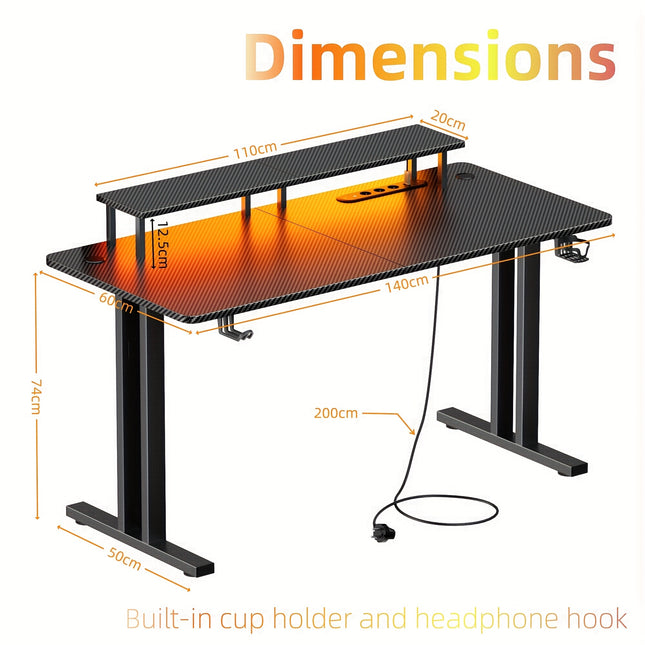 Large T-Shaped Gaming Desk with RGB LED Lights & Built-in Power Strip
