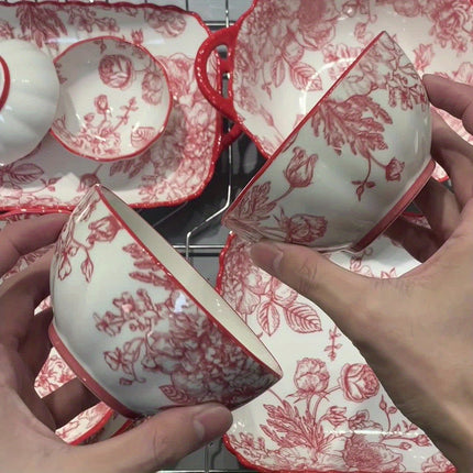 18/33/44pcs Set - Ceramic Tableware Set, French Retro, Red Rose Pattern, Wedding Gift, Can Hold Steak