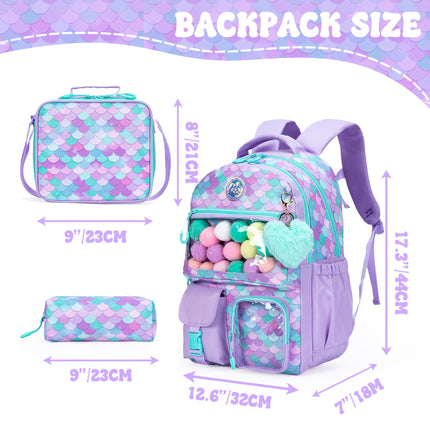 Heart-Shaped Fish Scale Backpack Set for Children and Students Features Cute Plush Balls, Zipper