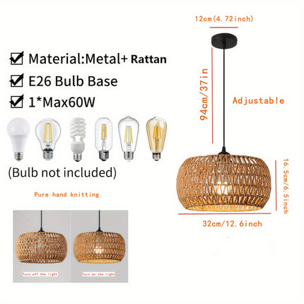 Handcrafted Rattan Pendant Light Fixture Traditional Polished Metal Semi-Flush Mount Ceiling Lighting