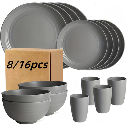 8/16pcs Grey Unbreakable High quality plastic Dinnerware Sets - Reusable, Lightweight, Microwave