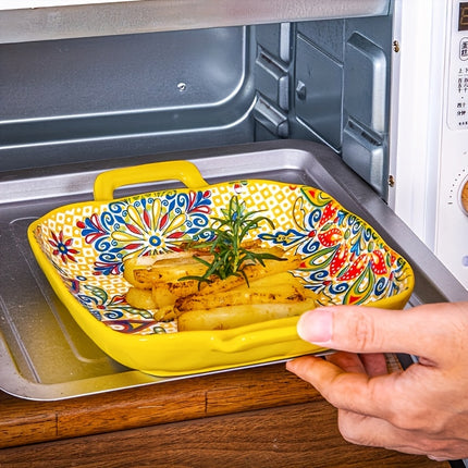 Set of Four Bohemian Square Plates with Double Handles! These Ceramic Serving Dishes Are
