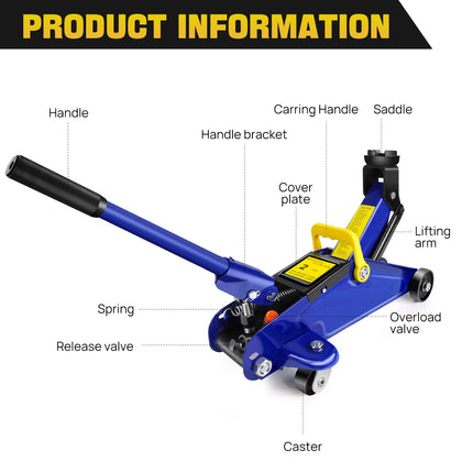 Hydraulic Rolling Heavy-Duty Jack - 2 Tons - Low Profile - for Car, Utility & Garage - Tire Repair/Repair