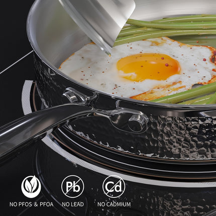6-Piece Hammered Stainless Steel Cookware Set - Premium Non-Toxic Pots and Pans with Glass Lid,