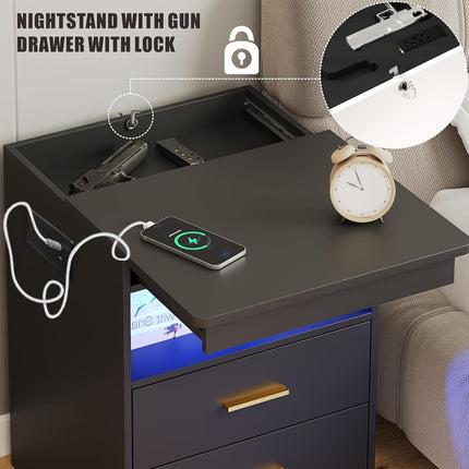 LED Bedside Table With Gun Drawer, With Charging Station, Modern Side Table With Fabric Drawer,